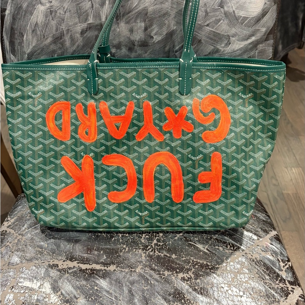 Green Goyard-Style Tote with Orange Graffiti